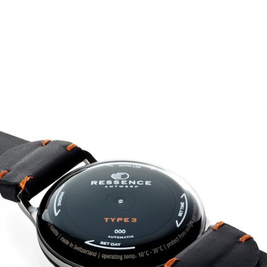 Ressence Type 3 BB automatic titanium black DLC watch black dial black leather strap 44 mm
