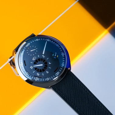 Ressence Type 2 N automatic titanium e-Crown watch blue dial bleu leather strap 45 mm