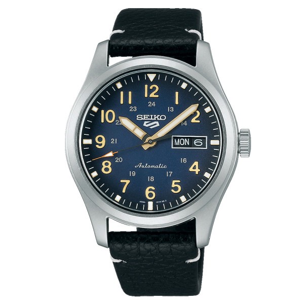 Montre Seiko 5 Military automatique cadran bleu bracelet cuir noir 39,4 mm