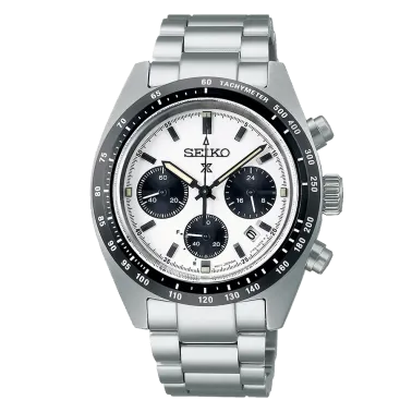 Montre Seiko Prospex SpeedTimer solaire cadran blanc bracelet acier 39 mm