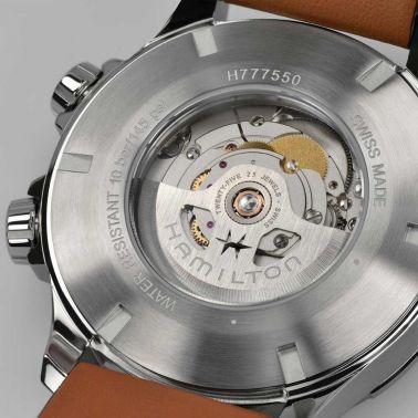 Montre Hamilton Khaki Aviation X-Wind Day Date cadran noir bracelet cuir marron 45 mm H77755533