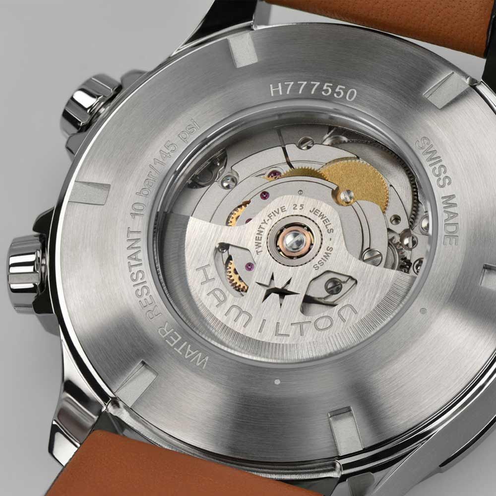 Montre Hamilton Khaki Aviation X-Wind Day Date cadran noir bracelet cuir marron 45 mm H77755533