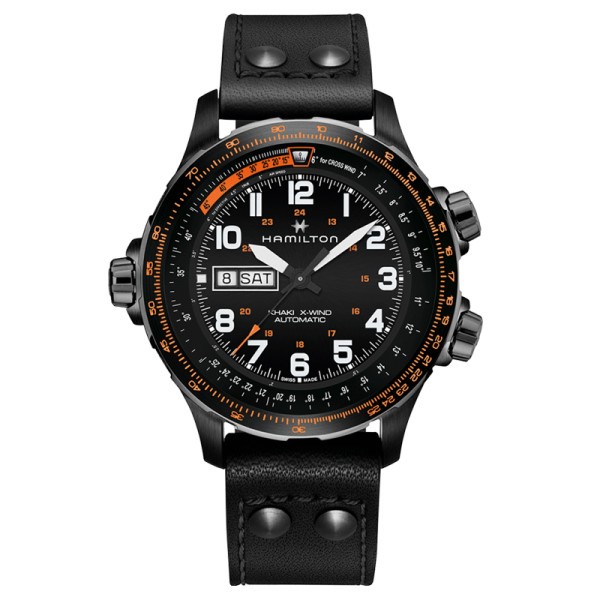Montre Hamilton Khaki Aviation X-Wind Day Date cadran noir bracelet cuir noir 45 mm