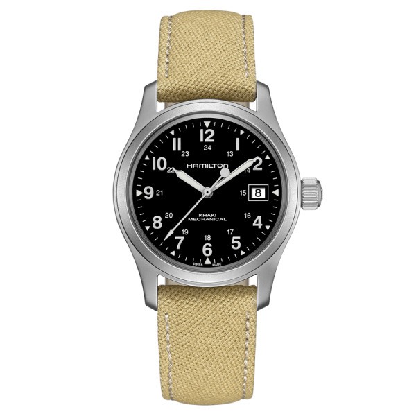 Hamilton Field mechanical watch black dial beige leather strap 38 mm