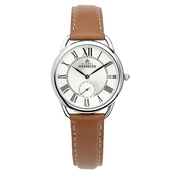 Michel Herbelin Equinoxe quartz watch silver dial brown leather strap 34 mm