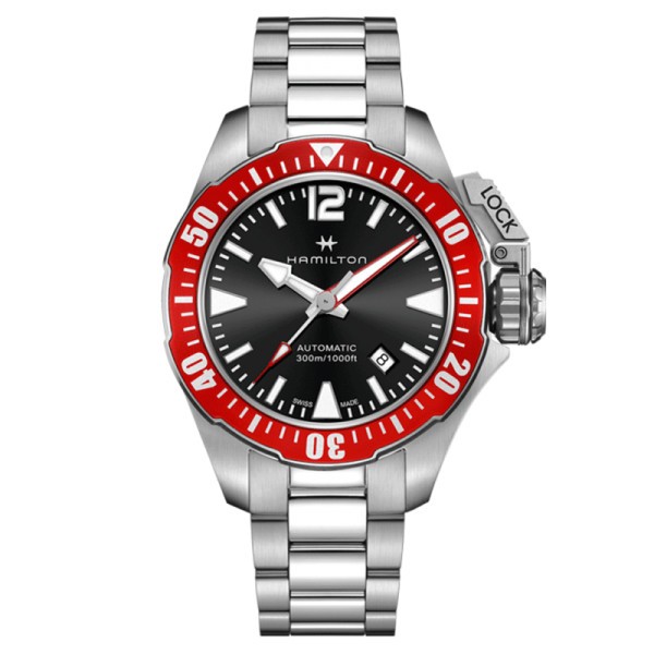 Montre Hamilton Khaki Navy Frogman cadran noir lunette rouge bracelet acier 42 mm