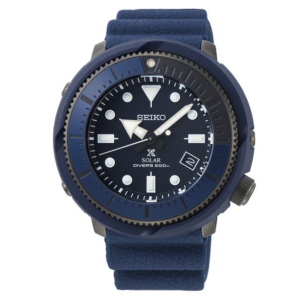 Montre Seiko Prospex Solaire "Tuna" Street Series cadran bleu bracelet silicone bleu 46,7 mm