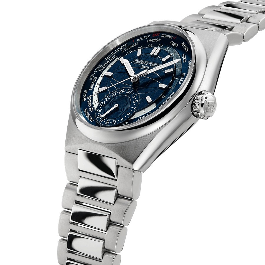 Montre Frédérique Constant Highlife Worldtimer Manufacture automatique cadran bleu bracelet acier 41 mm