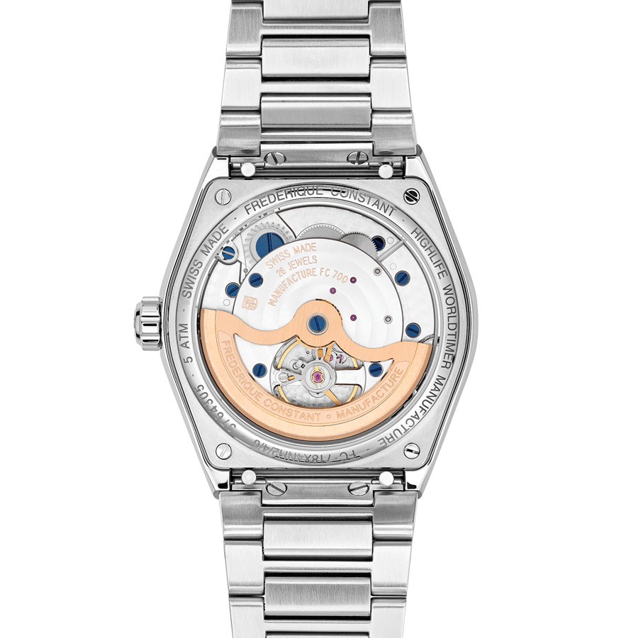 Montre Frédérique Constant Highlife Worldtimer Manufacture automatique cadran bleu bracelet acier 41 mm