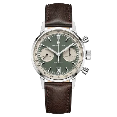 Montre Hamilton Intra-Matic automatique chronographe cadran vert bracelet cuir brun 40 mm H38416560