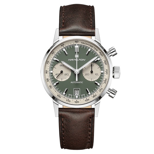 Hamilton Intra-Matic automatic chronograph watch green dial brown leather strap 40 mm