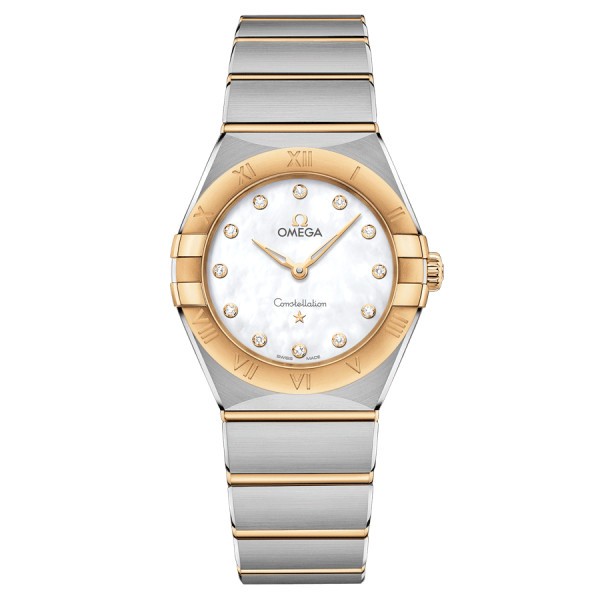 Montre Omega Constellation quartz cadran nacre blanche bracelet acier et or jaune 28 mm 131.20.28.60.55.002