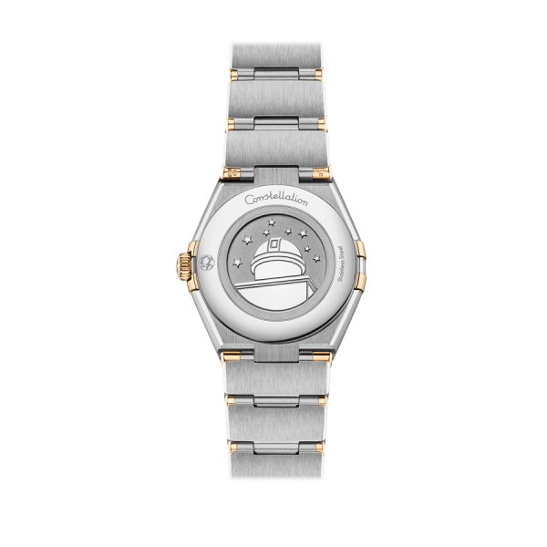 Montre Omega Constellation quartz cadran nacre blanche bracelet acier et or jaune 28 mm 131.20.28.60.55.002