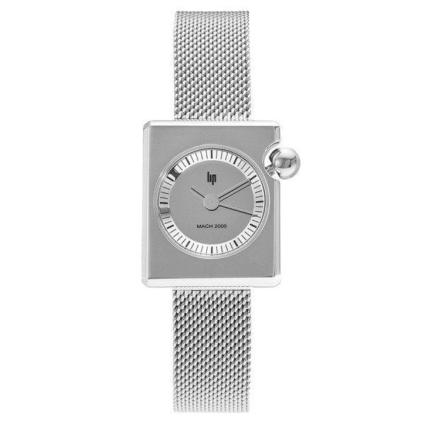 Montre Lip Mach 2000 Mini Square quartz cadran argenté bracelet acier maille milanaise 30 x 28 mm 671108