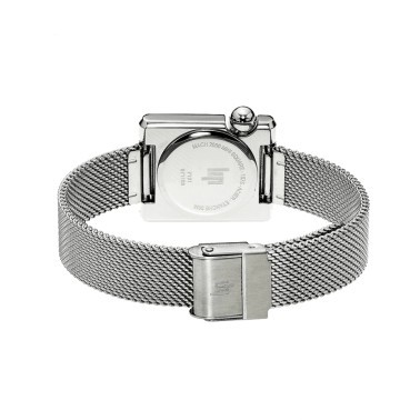 Montre Lip Mach 2000 Mini Square quartz cadran argenté bracelet acier maille milanaise 30 x 28 mm 671108