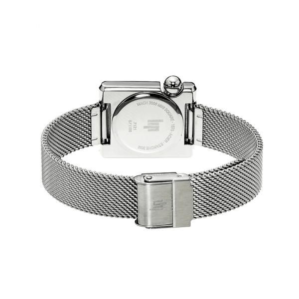 Montre Lip Mach 2000 Mini Square quartz cadran argenté bracelet acier maille milanaise 30 x 28 mm 671108