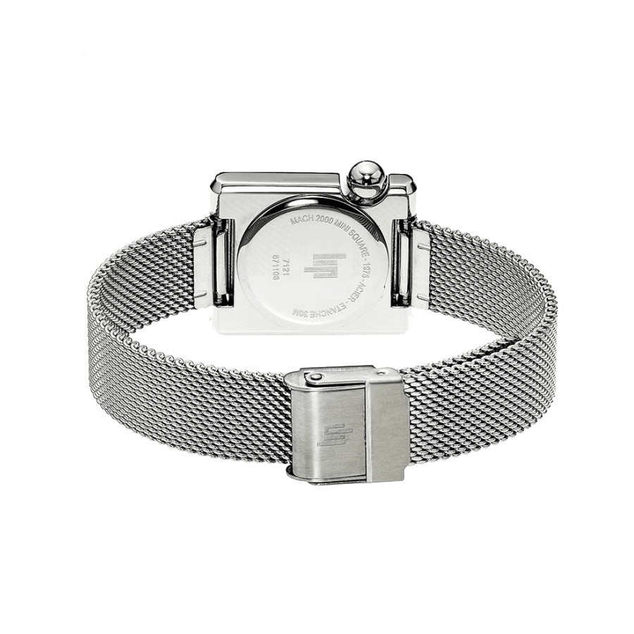 Montre Lip Mach 2000 Mini Square quartz cadran argenté bracelet acier maille milanaise 30 x 28 mm 671108