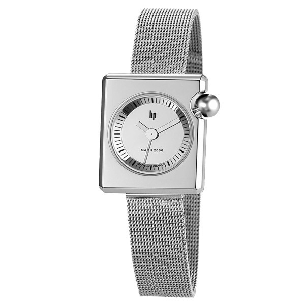 Montre Lip Mach 2000 Mini Square quartz cadran argenté bracelet acier maille milanaise 30 x 28 mm 671108