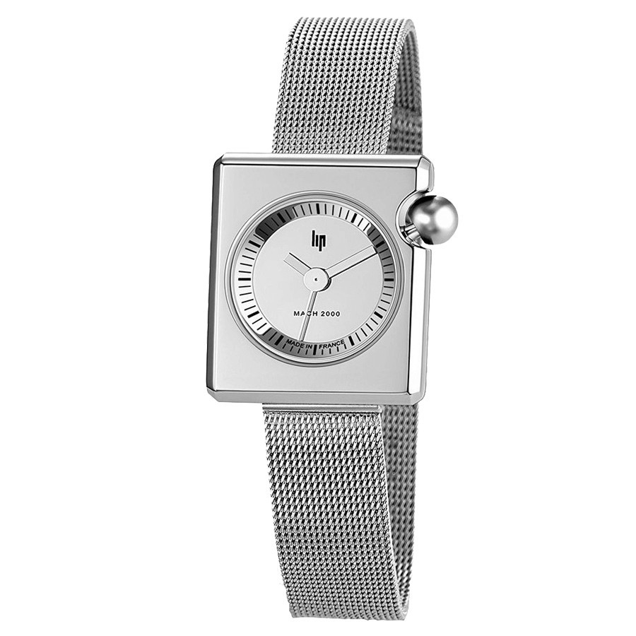 Montre Lip Mach 2000 Mini Square quartz cadran argenté bracelet acier maille milanaise 30 x 28 mm 671108