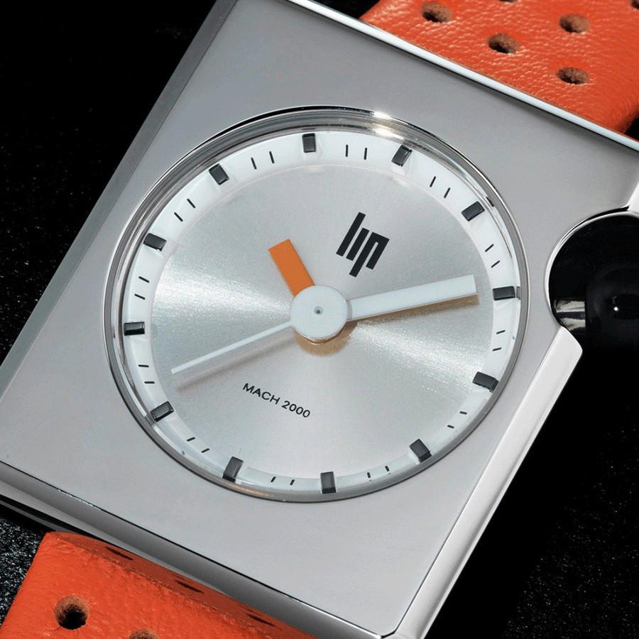 Montre Lip Mach 2000 Mini Square quartz cadran argenté bracelet cuir marron 30 x 28 mm 671180