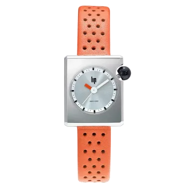 Montre Lip Mach 2000 Mini Square quartz cadran argenté bracelet cuir marron 30 x 28 mm 671180