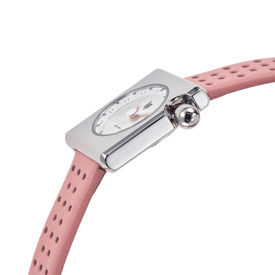 Montre Lip Mach 2000 Mini Square quartz cadran argenté bracelet cuir rose clair 30 x 28 mm 671182