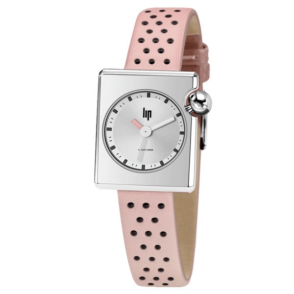 Montre Lip Mach 2000 Mini Square quartz cadran argenté bracelet cuir rose clair 30 x 28 mm 671182