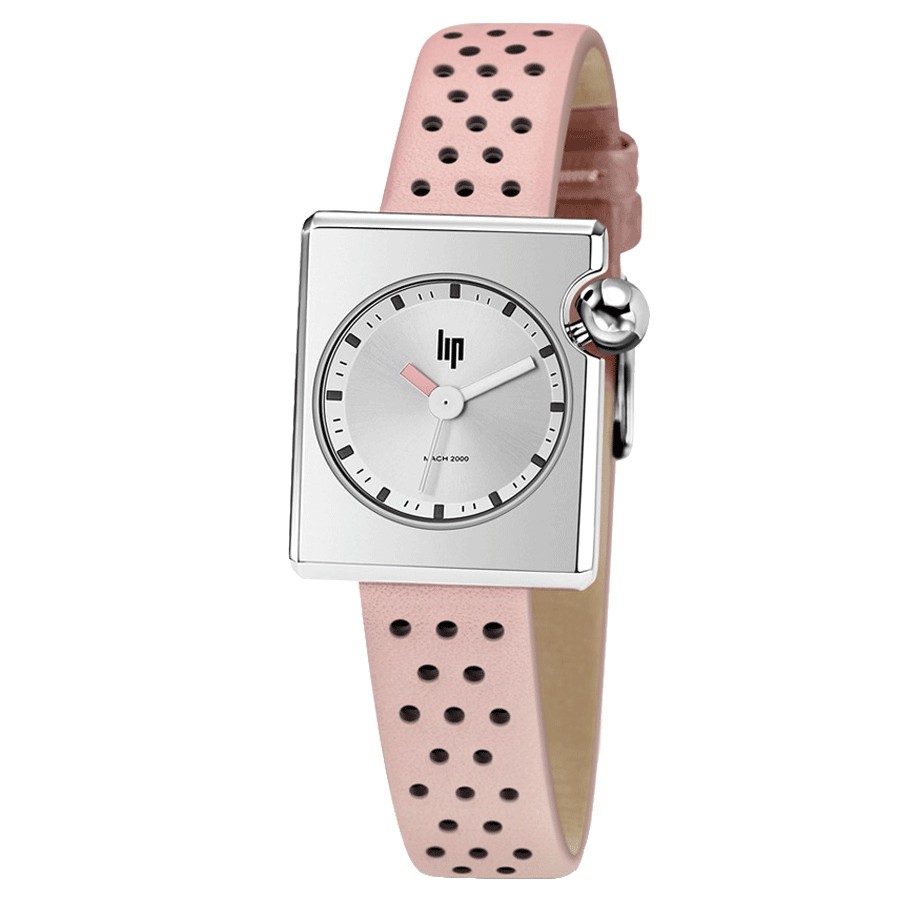 Montre Lip Mach 2000 Mini Square quartz cadran argenté bracelet cuir rose clair 30 x 28 mm 671182