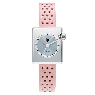 Montre Lip Mach 2000 Mini Square quartz cadran argenté bracelet cuir rose clair 30 x 28 mm 671182