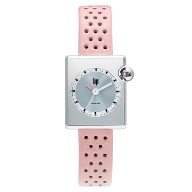 Montre Lip Mach 2000 Mini Square quartz cadran argenté bracelet cuir rose clair 30 x 28 mm 671182