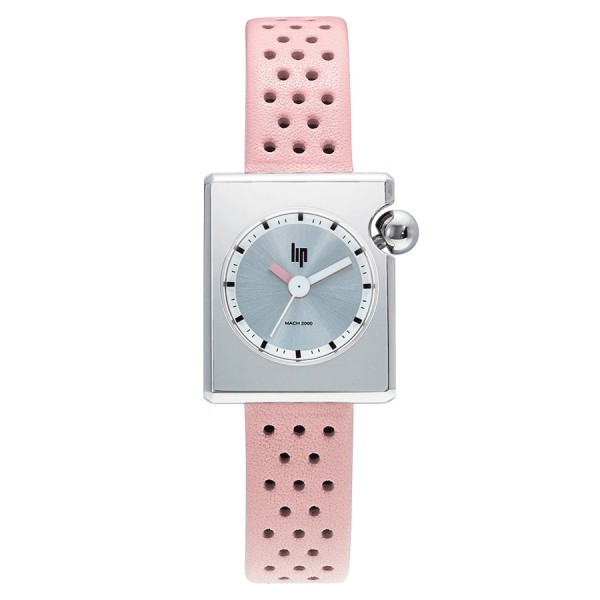 Montre Lip Mach 2000 Mini Square quartz cadran argenté bracelet cuir rose clair 30 x 28 mm 671182