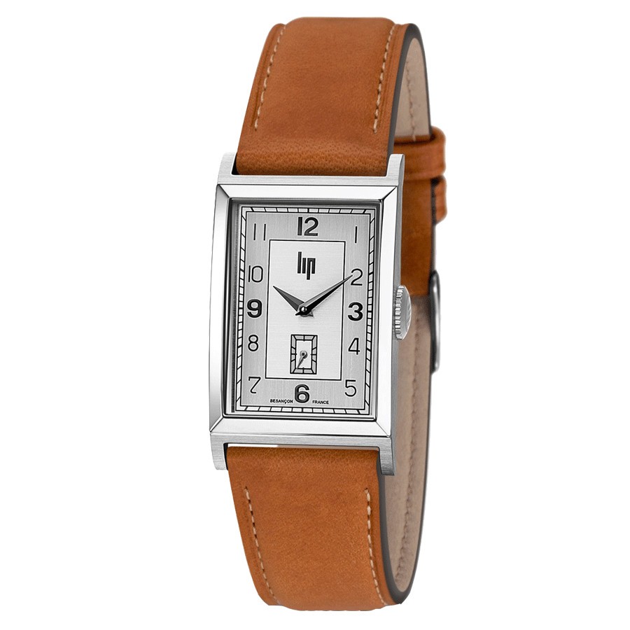 Montre Lip Churchill T24 Petite Seconde quartz cadran argenté bracelet cuir marron 42 x 24 mm 671276
