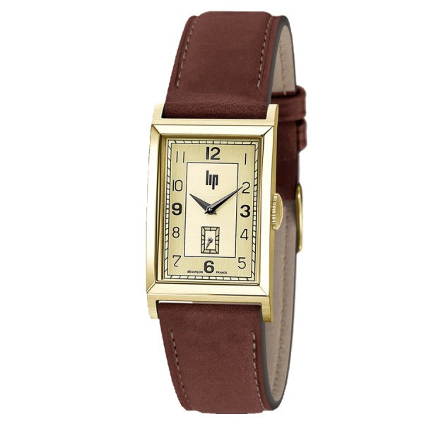 Montre Lip Churchill T24 Petite Seconde quartz cadran doré bracelet cuir marron 42 x 24 mm 671277