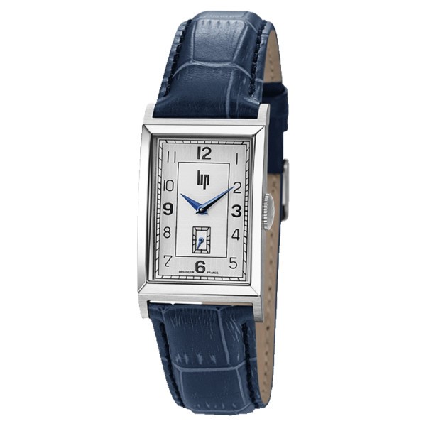 Montre Lip Churchill T24 Petite Seconde quartz cadran argenté bracelet cuir bleu 42 x 24 mm 671279