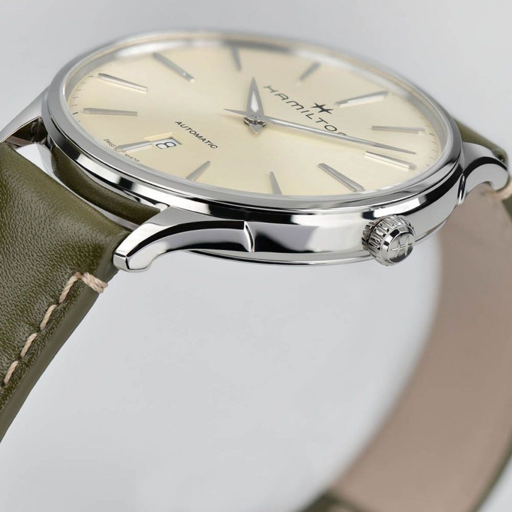 Montre Hamilton Jazzmaster Thinline cadran champagne bracelet cuir olive 40 mm