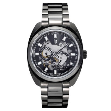 Montre Lip Général De Gaulle Squelette automatique cadran anthracite bracelet acier noir 39 mm