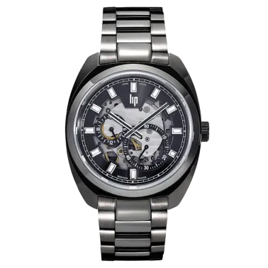 Montre Lip Général De Gaulle Squelette automatique cadran anthracite bracelet acier noir 39 mm
