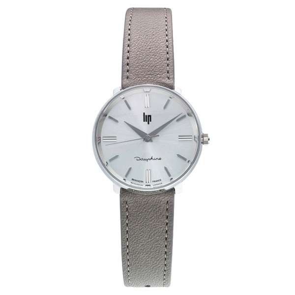 Lip Dauphine quartz watch silver dial grey leather strap 29 mm 671477
