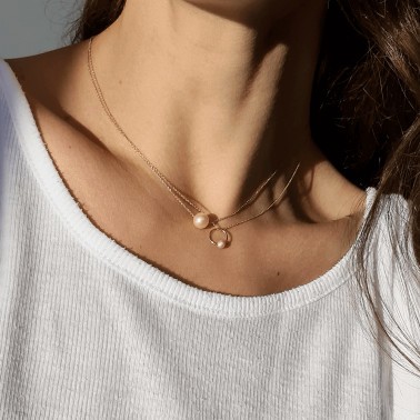 Collier Claverin Samll Ring en or jaune et perle blanche naturelle ppj-cb-001