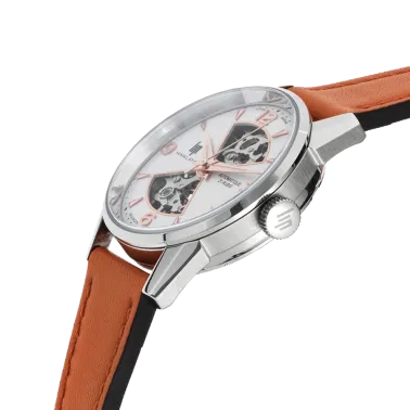 Montre Lip Himalaya Sablier automatique cadran blanc bracelet cuir orange 33,5 mm 671680