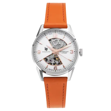 Montre Lip Himalaya Sablier automatique cadran blanc bracelet cuir orange 33,5 mm 671680