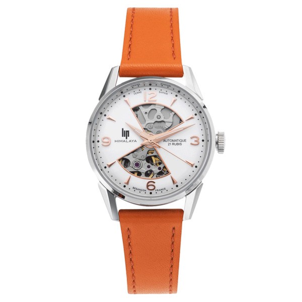 Montre Lip Himalaya Sablier automatique cadran blanc bracelet cuir orange 33,5 mm 671680