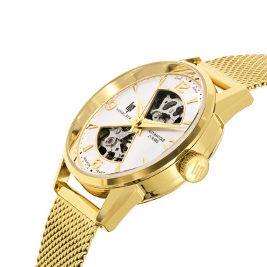 Lip Himalaya Sablier automatic watch white dial stainless steel bracelet golden mesh 33,5 mm 671681