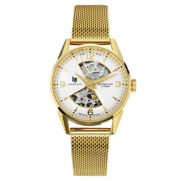 Lip Himalaya Sablier automatic watch white dial stainless steel bracelet golden mesh 33,5 mm 671681