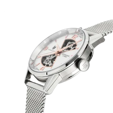 Montre Lip Himalaya Sablier automatique cadran blanc bracelet acier maille milanaise 33,5 mm 671682