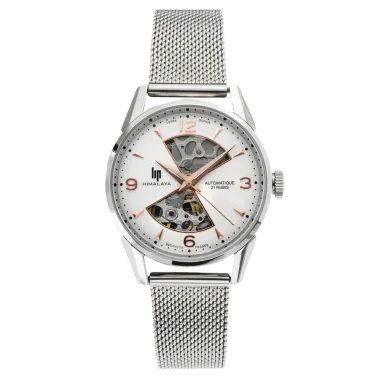 Montre Lip Himalaya Sablier automatique cadran blanc bracelet acier maille milanaise 33,5 mm 671682