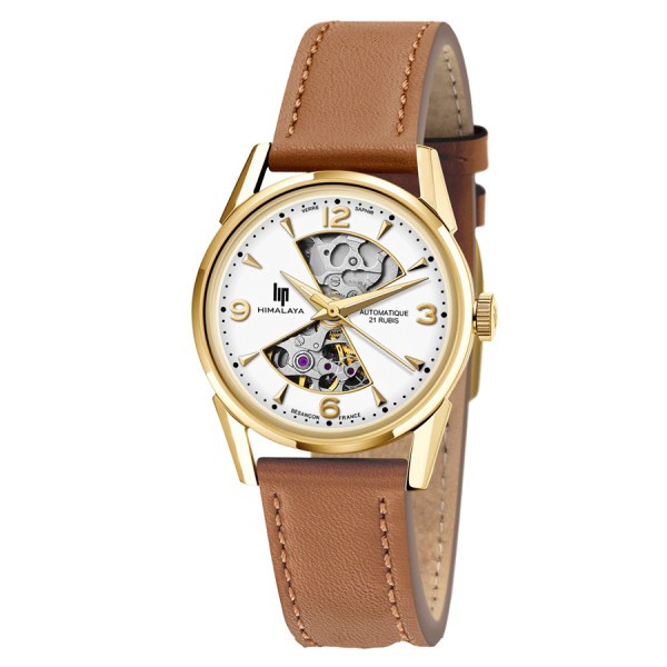 Montre Lip Himalaya Sablier automatique cadran blanc bracelet cuir marron 33,5 mm 671683