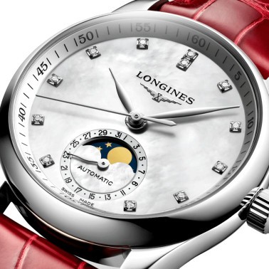 Montre Longines Master Collection automatique cadran nacre blanche bracelet cuir croco rouge 34 mm L2.409.4.87.2