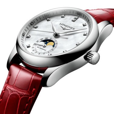 Montre Longines Master Collection automatique cadran nacre blanche bracelet cuir croco rouge 34 mm L2.409.4.87.2
