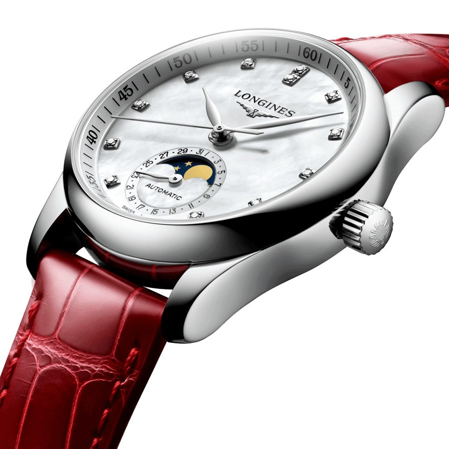 Montre Longines Master Collection automatique cadran nacre blanche bracelet cuir croco rouge 34 mm L2.409.4.87.2